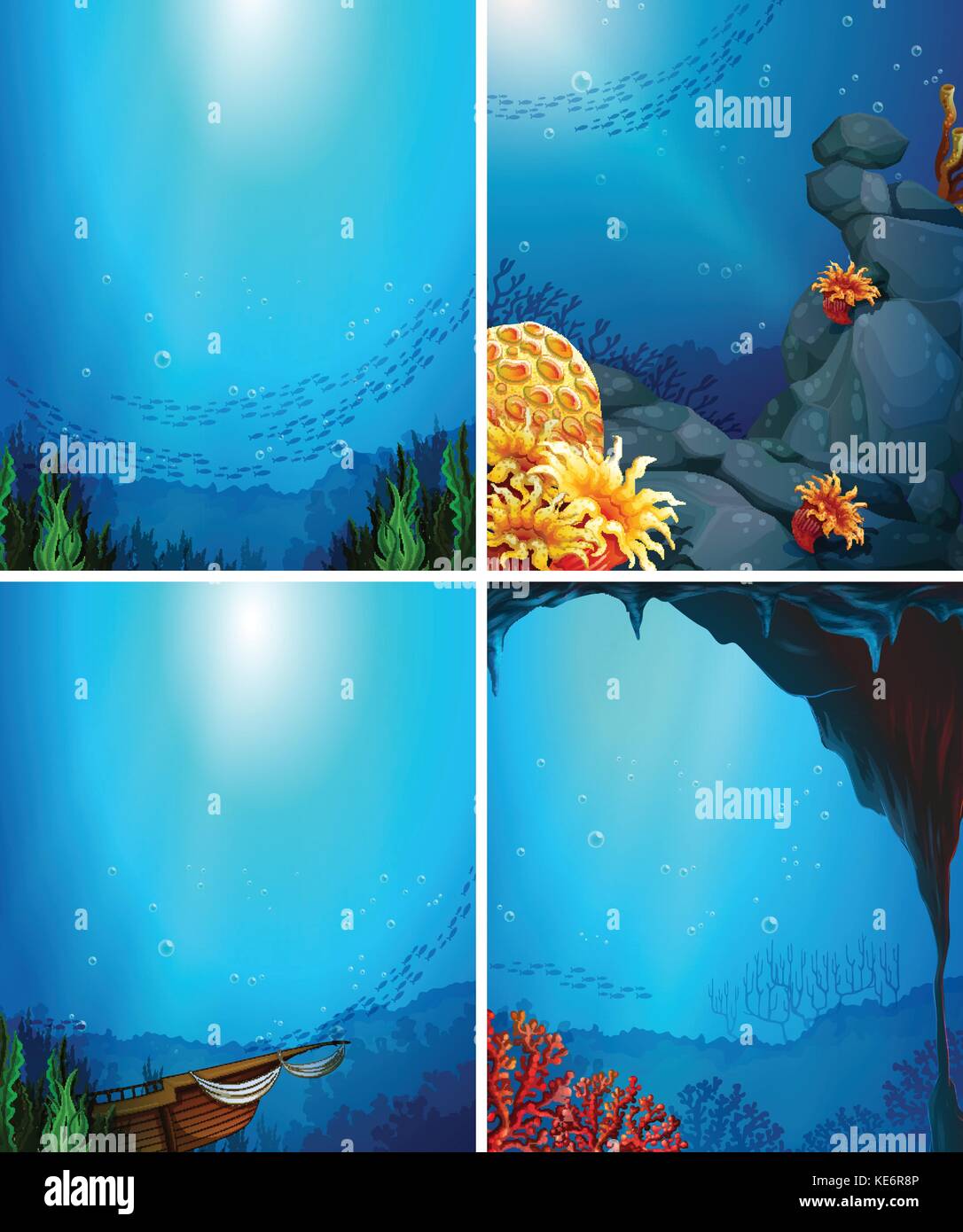 Four underwater scenes with fish and coral reef Stock Vector Image ...