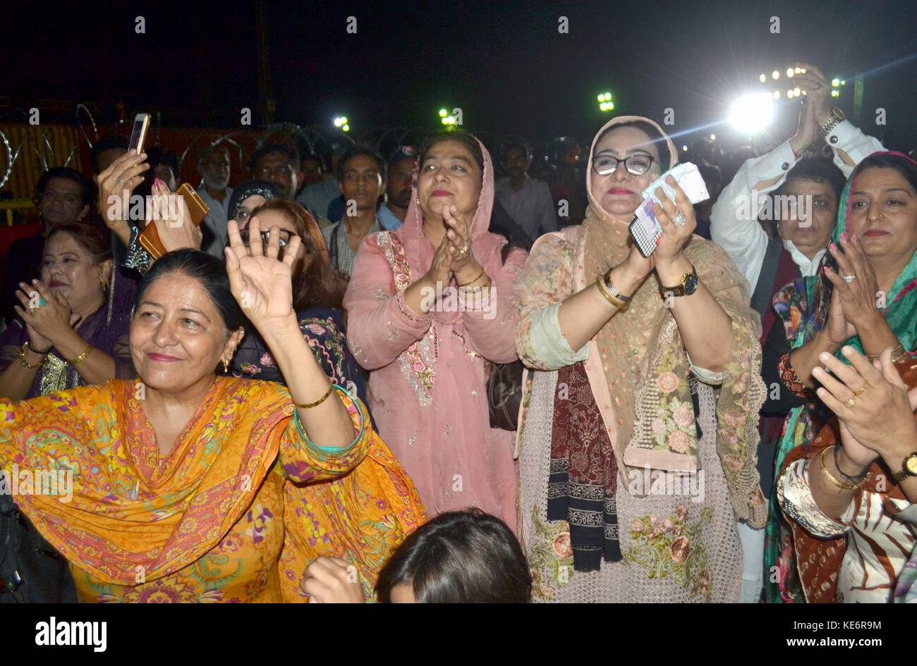 Hyderabad, Pakistan. 18th Oct, 2017. PPP women dance on the beat of there party songs during the large public gathering in Hyderabad in which chairman of Pakistan Peoples Party PPP Bilawal Bhutto will deliver his speech Credit: Janali Laghari/Pacific Press/Alamy Live News Stock Photo