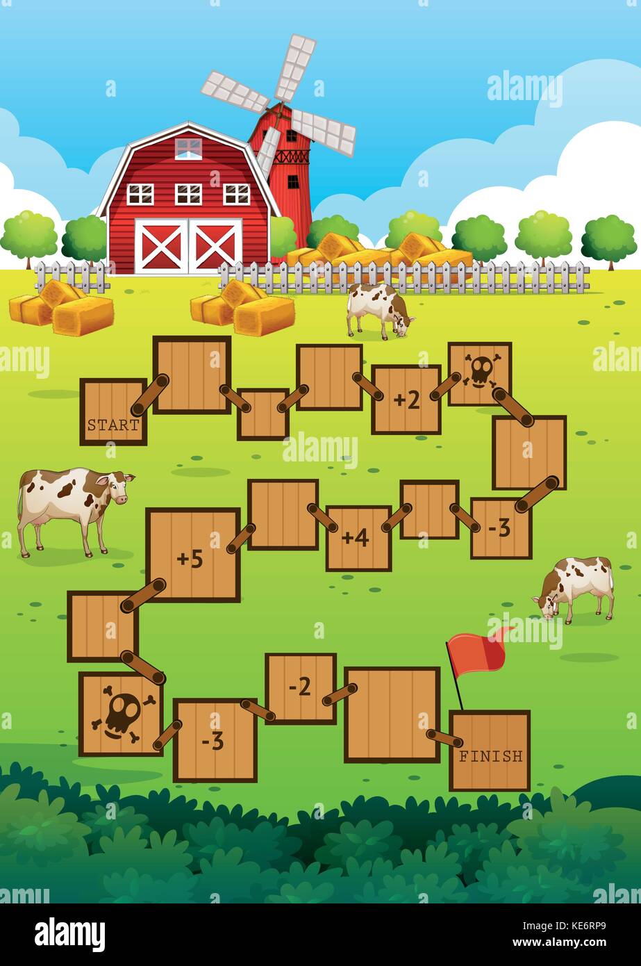 Boadgame template with farm scene and barn Stock Vector