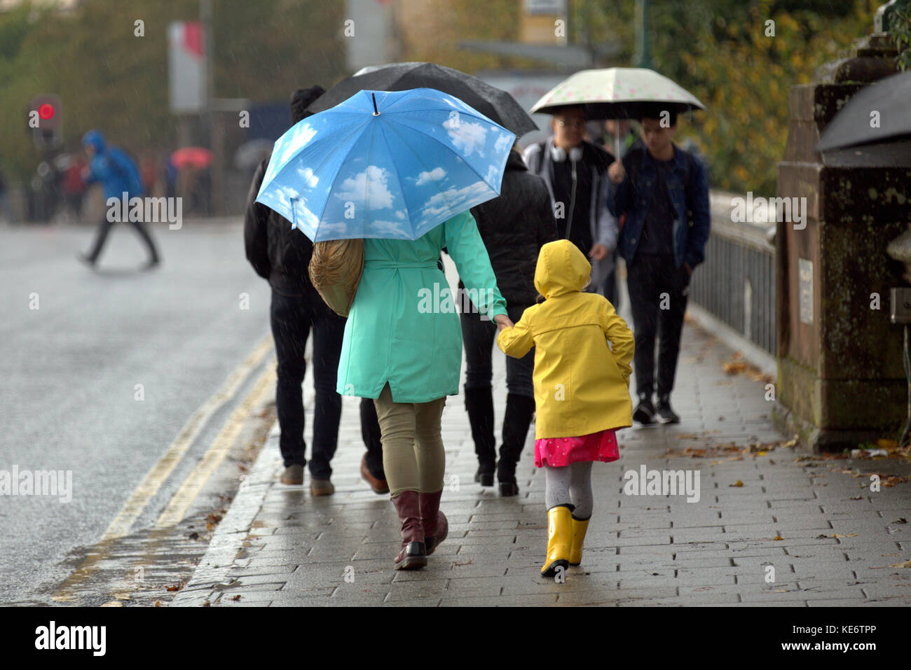 The Met Office issued yellow weather alerts and warned about possible storm damage as heavy showers and strong winds from Hurricane Ophelia hits city Stock Photo