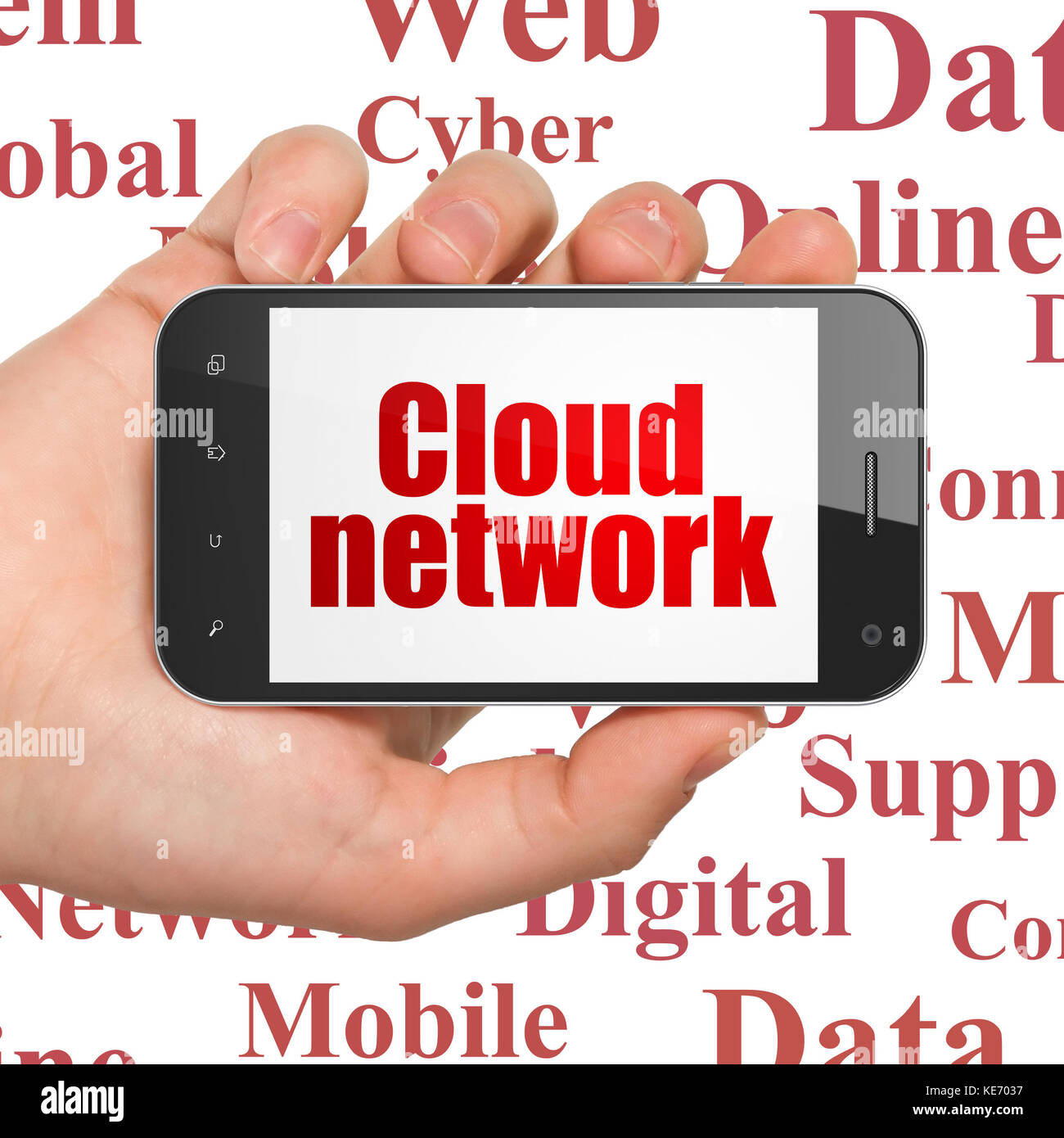Cloud networking concept: Hand Holding Smartphone with Cloud Network on ...