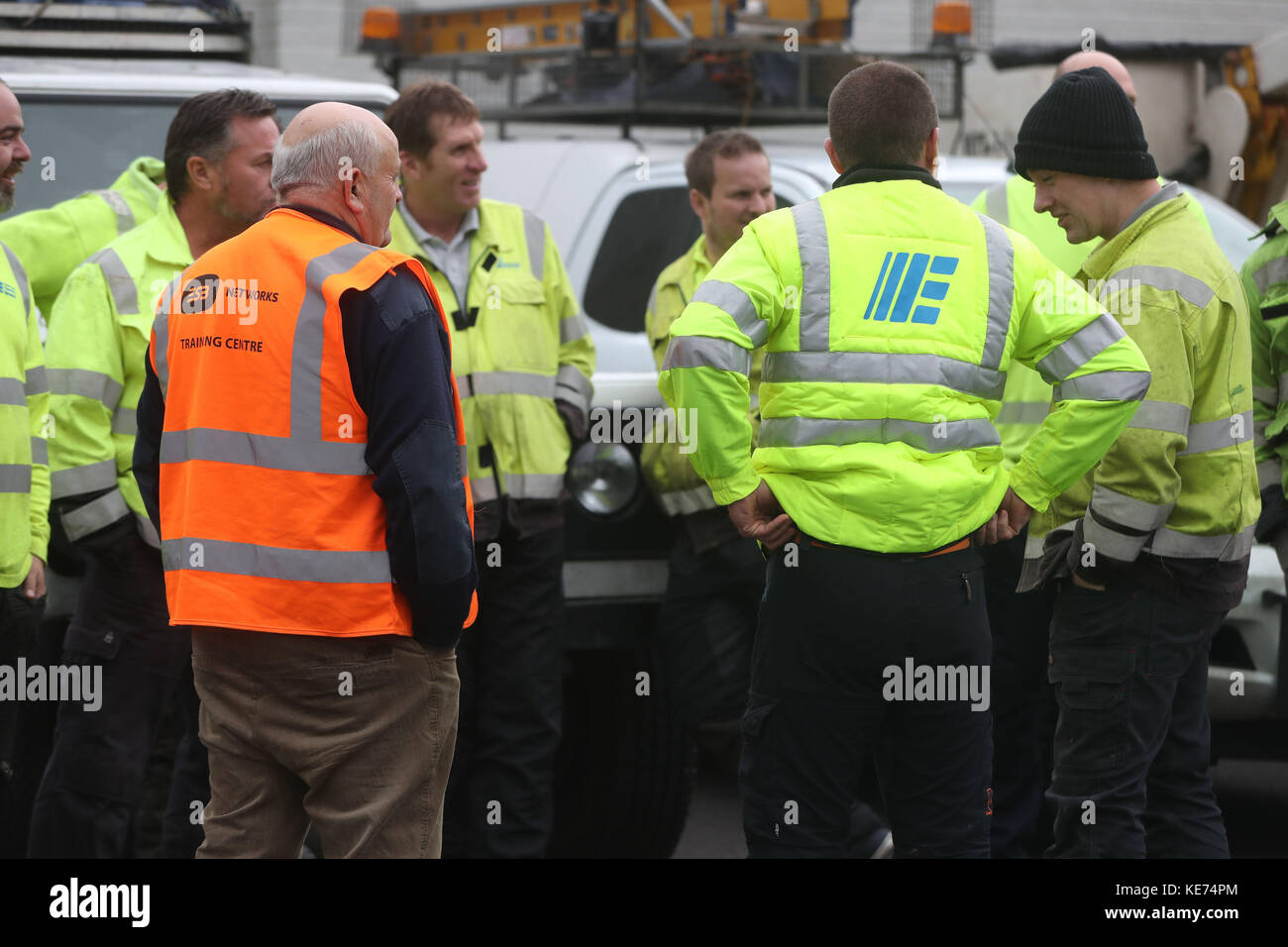 Crews from Northern Ireland Electricity that have arrived to assist ESB Networks restore power to 130,000 customers still without supply at the ESB training Centre in Portlaoise . Stock Photo