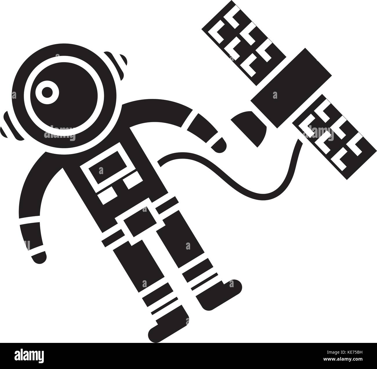 spaceman in space with spaceship icon, vector illustration, black sign ...