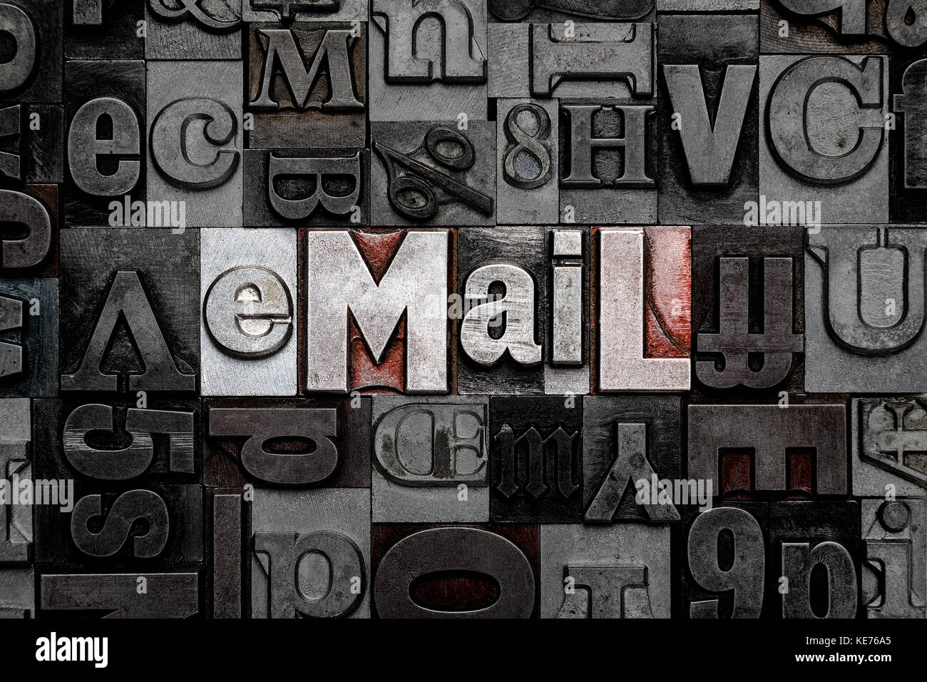 The word eMail made from old metal letterpress letters Stock Photo Alamy