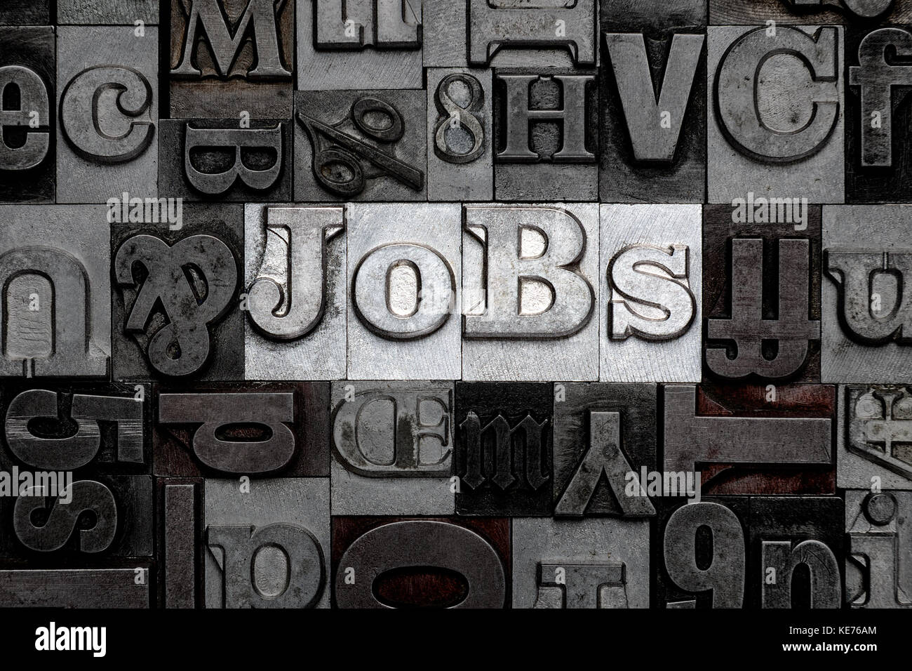 The word Jobs made from old metal letterpress letters Stock Photo