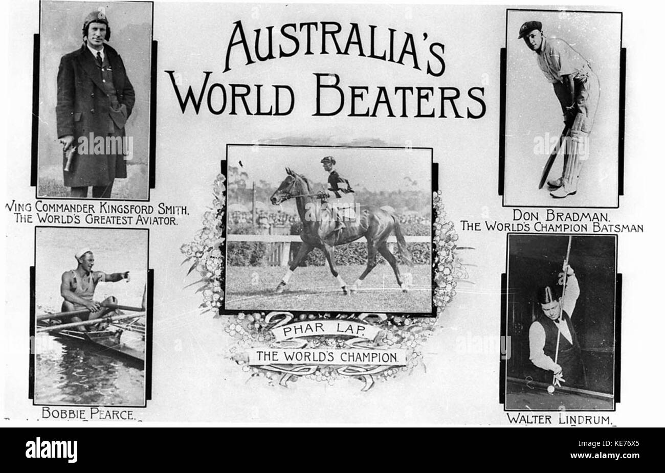 8808 A montage Australians World Beaters Charles Kingford Smith Don Bradman Bobby Pearce Walter Lindrum with Phar Lap as centre piece Stock Photo