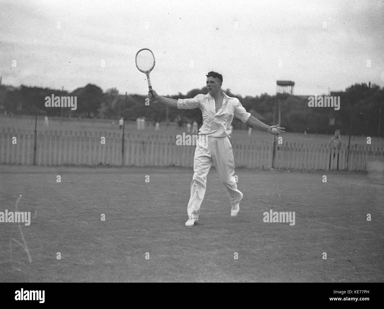 The image shows a tennis match at White City, Wagga, with CLamont in the country. It highlights the local sporting culture and the prominence of tennis in rural Australia during the early 20th century. Stock Photo