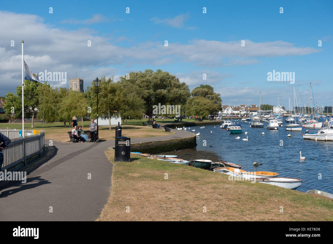 Christchurch Harbour with the tower of the Priory in the distance, Hampshire, England, UK Stock Photo