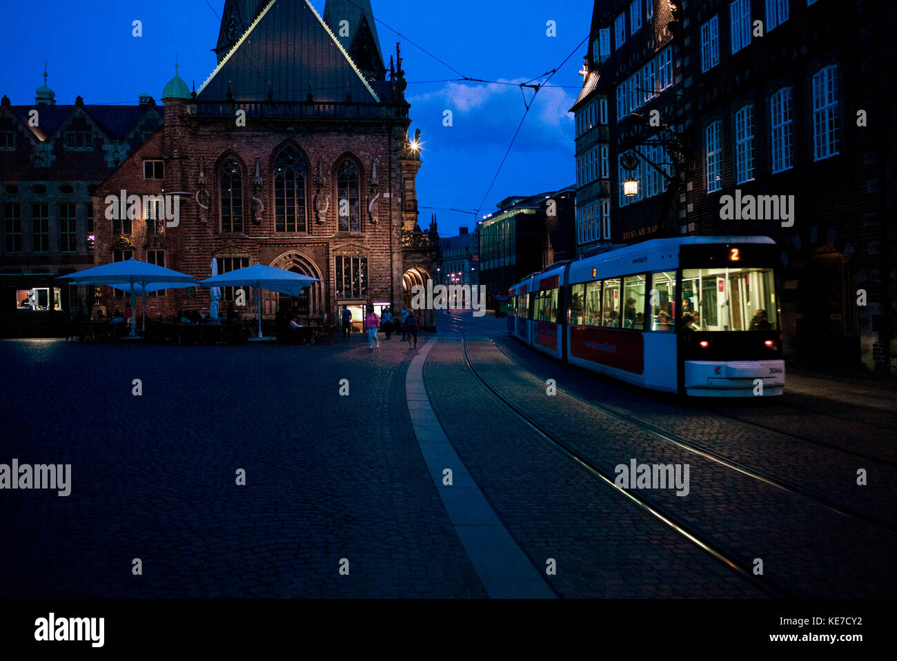 evening Tram in Bremen old town Germany Stock Photo