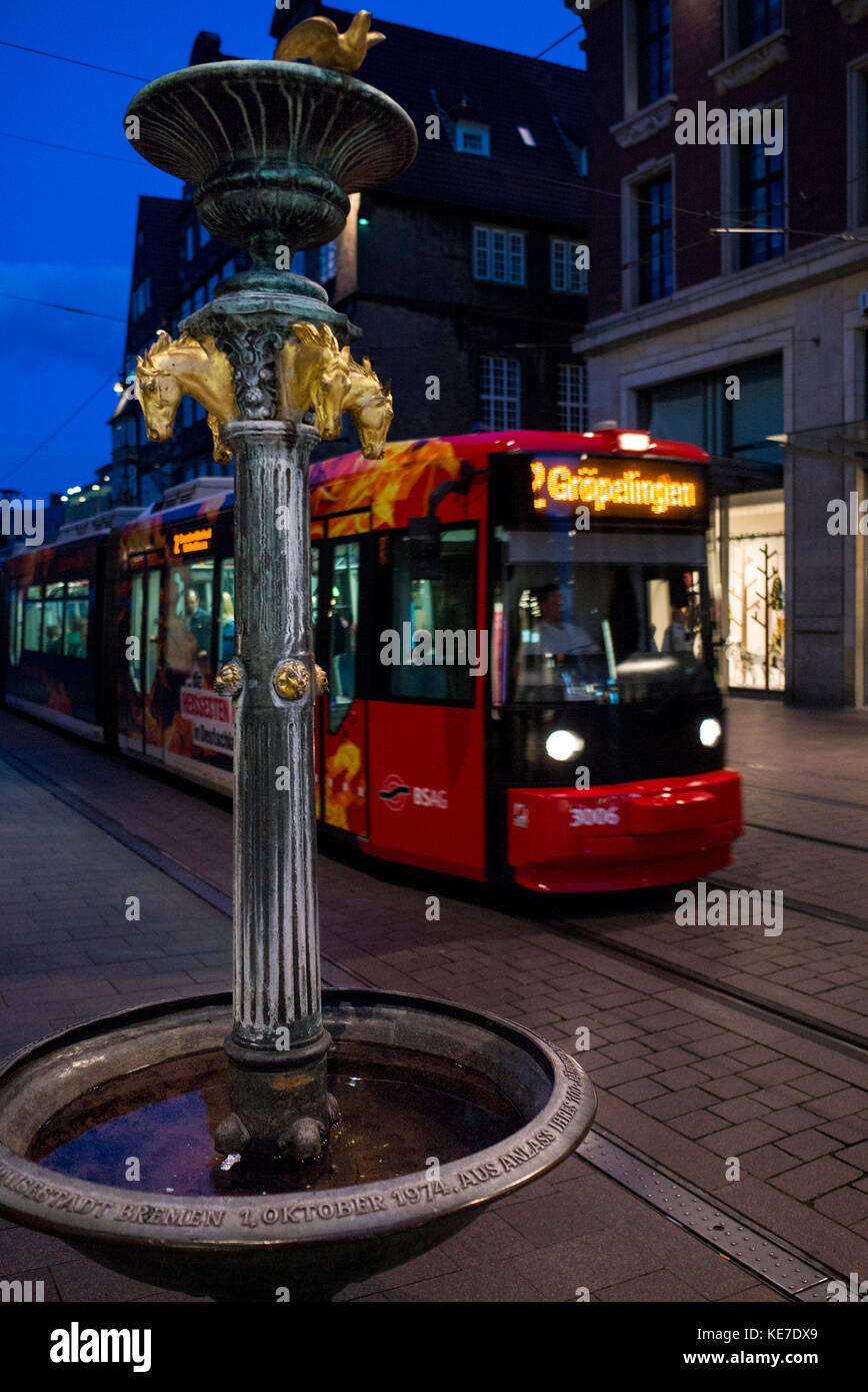evening Tram in Bremen old town Germany Stock Photo