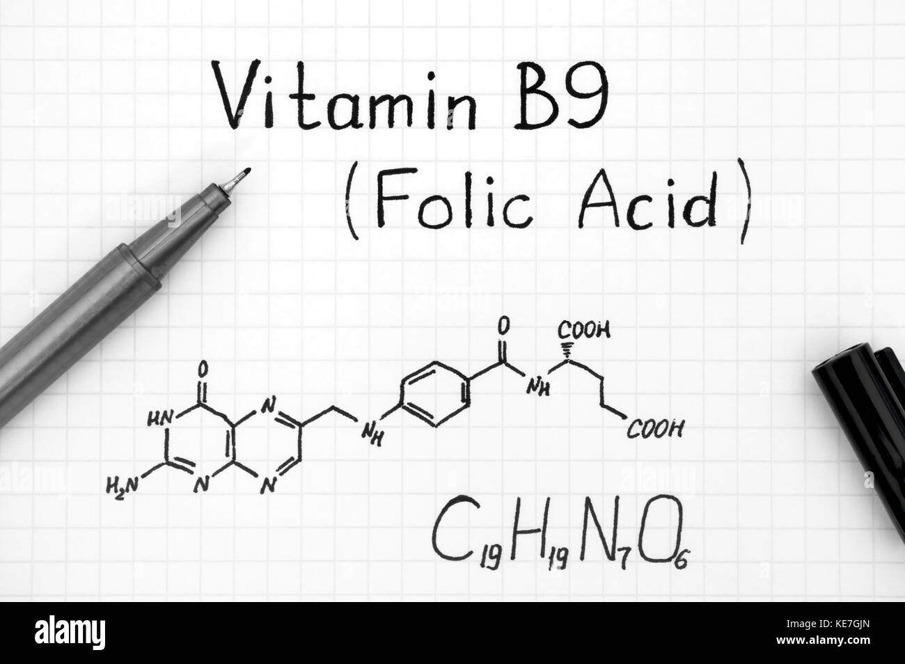 Chemical formula of Vitamin B9 (Folic Acid) with black pen. Closeup