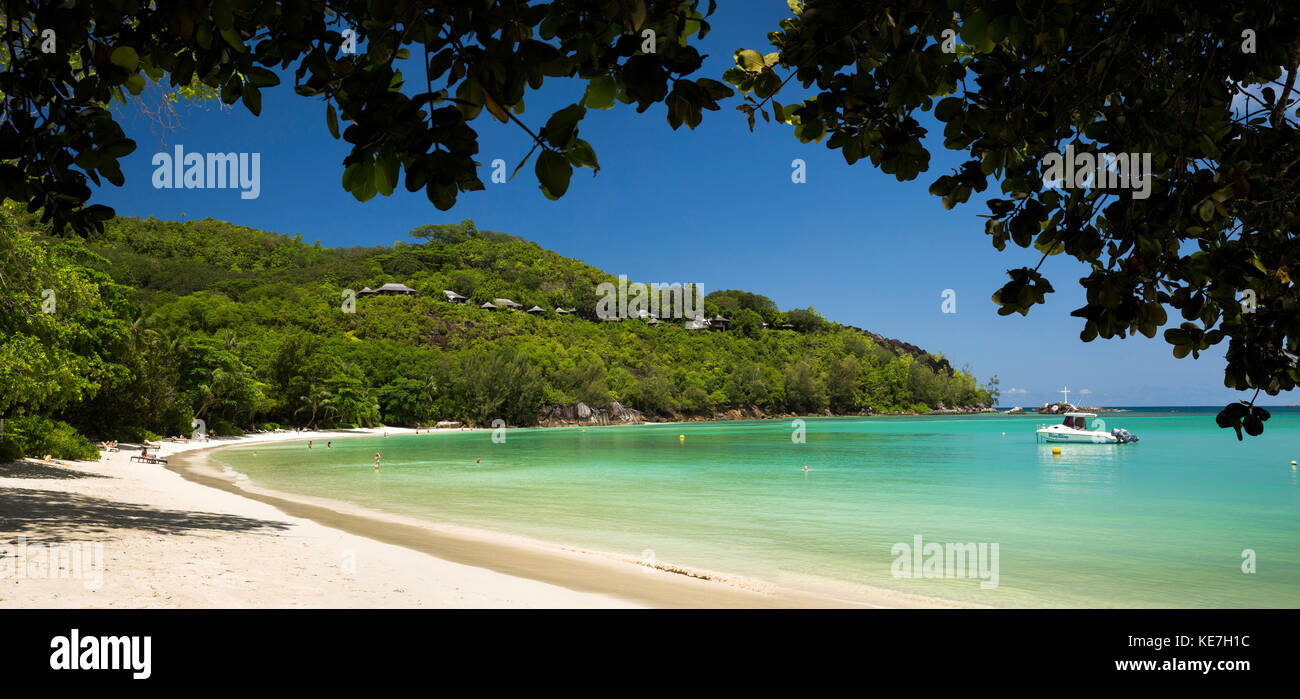 The Seychelles, Mahe, Port Launay, beach and Pointe L’Escalier, panoramic Stock Photo