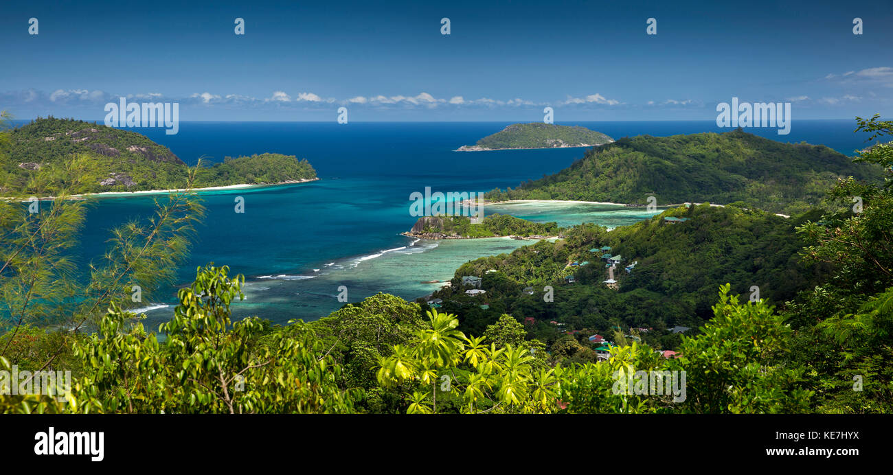 The Seychelles, Mahe, Port Glaud, elevated view of south coast, panoramic Stock Photo