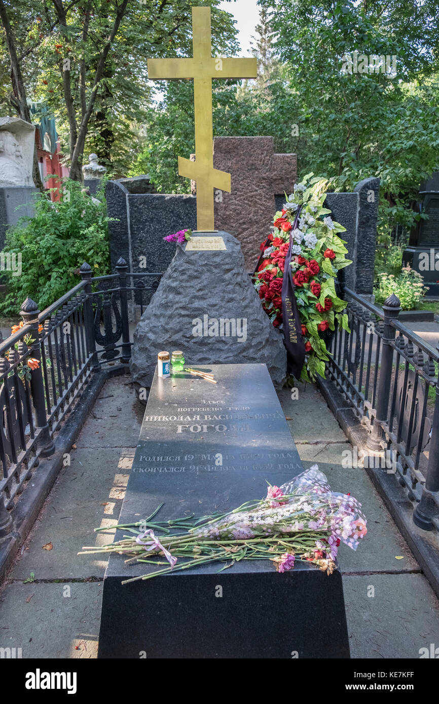 Grave of Nikolai Gogol, Russian playright and novelist, Novodevichy Cemetery, Moscow, Russia Stock Photo