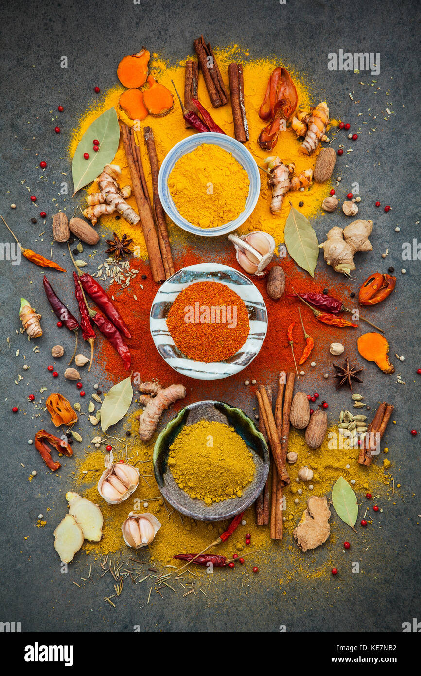 Various of spices and herbs in ceramic bowl. Flat lay of spices