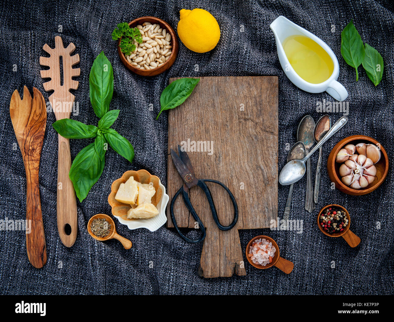 The ingredients for homemade pesto sauce basil, parmesan cheese ,garlic