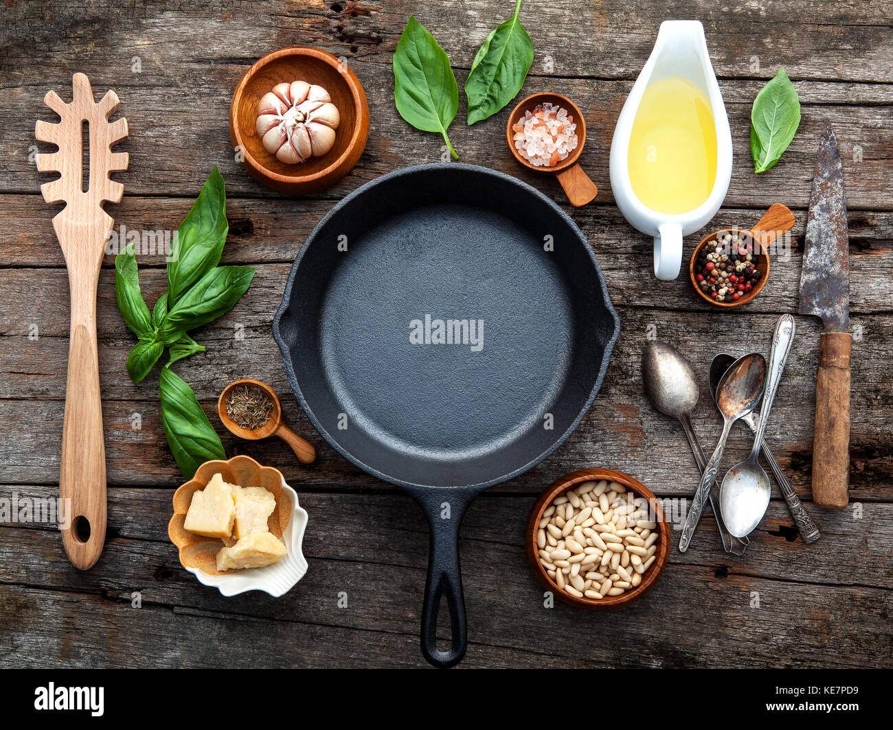 The ingredients for homemade pesto sauce basil, parmesan cheese ,garlic