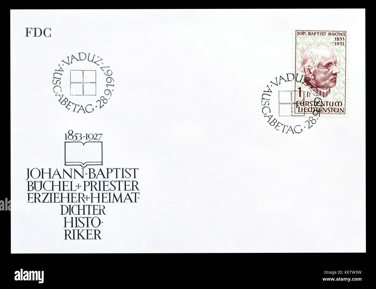 First day cover letter printed by Liechtenstein, that shows Johann Baptist Buchel. Stock Photo