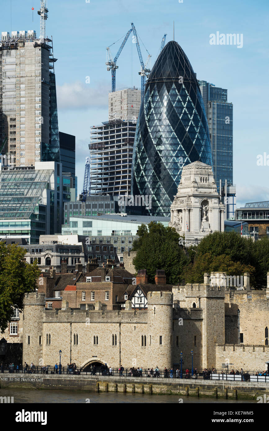 Tower of London with City of London Backdrop, London England. Oct 2017 Showing 30 St Mary Axe knowns as the Gerkin rising over the Tower of London. Th Stock Photo
