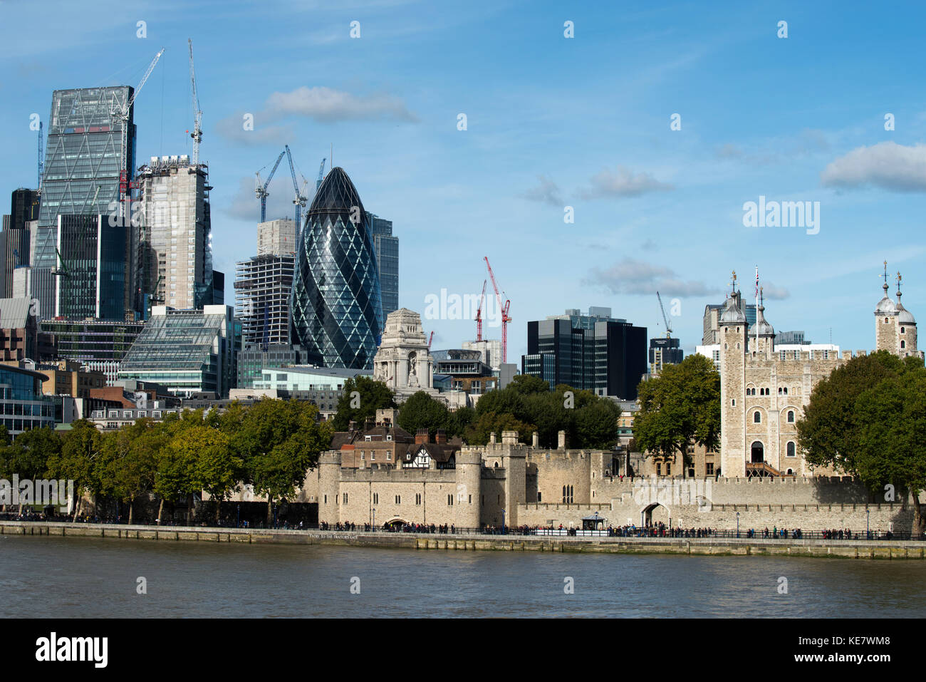 Tower of London with City of London Backdrop, London England. Oct 2017 Showing 30 St Mary Axe knowns as the Gerkin rising over the Tower of London. Th Stock Photo