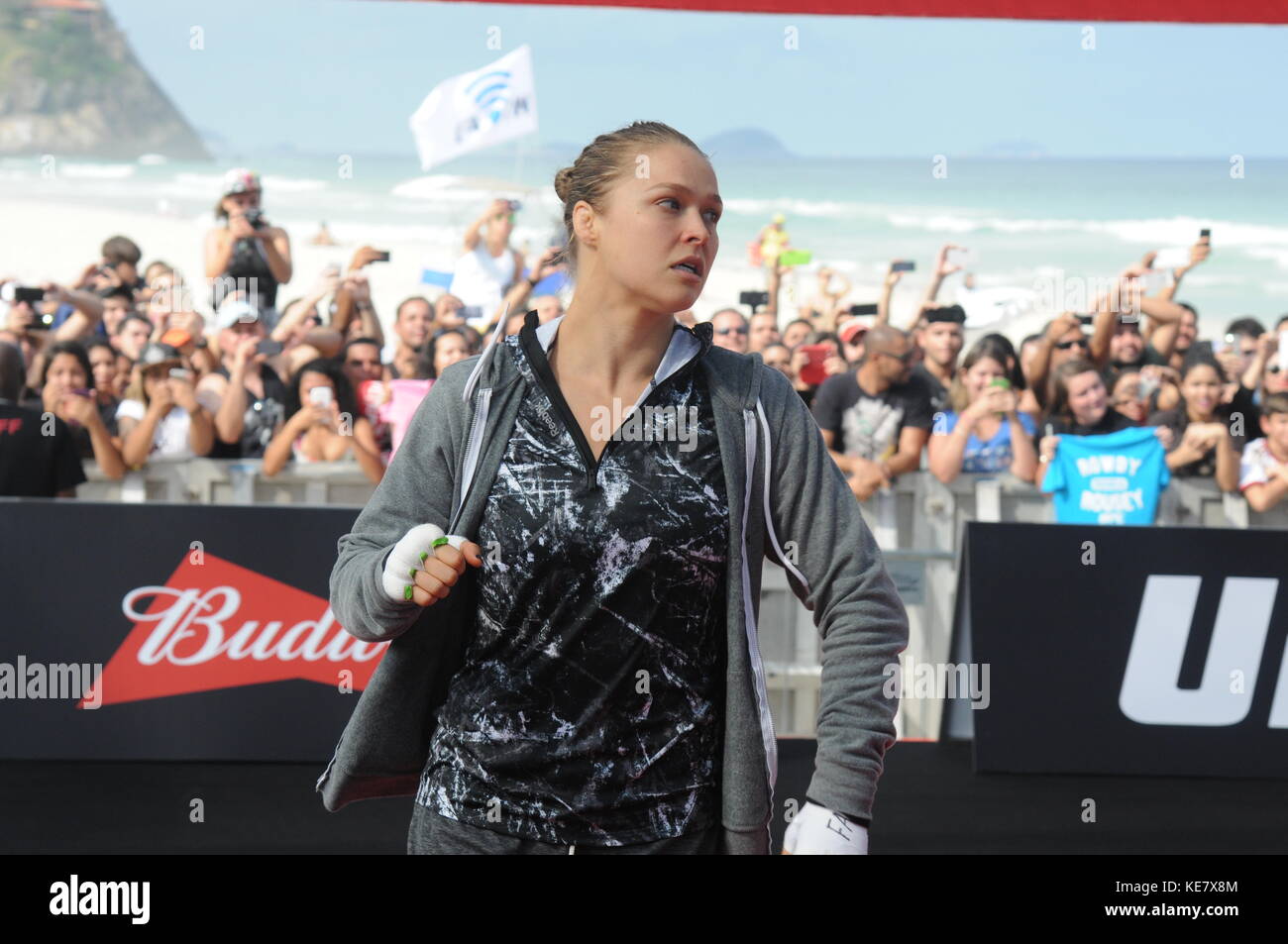 Rio de Janeiro, Brazil, July 29, 2015 - Ronda Rousey open workout in the UFC, at Barra Tijuca  beach in the west of the city of Rio de Janeiro. Stock Photo