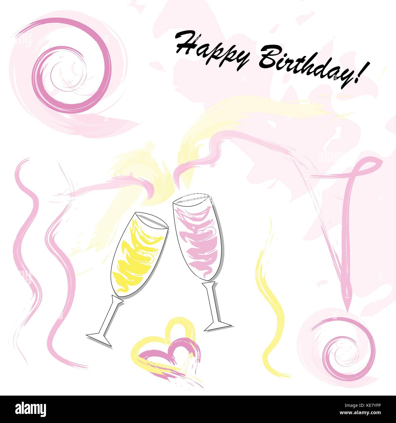 Hand Drawn Happy Birthday Card Vector With Champagne Glasses Stock