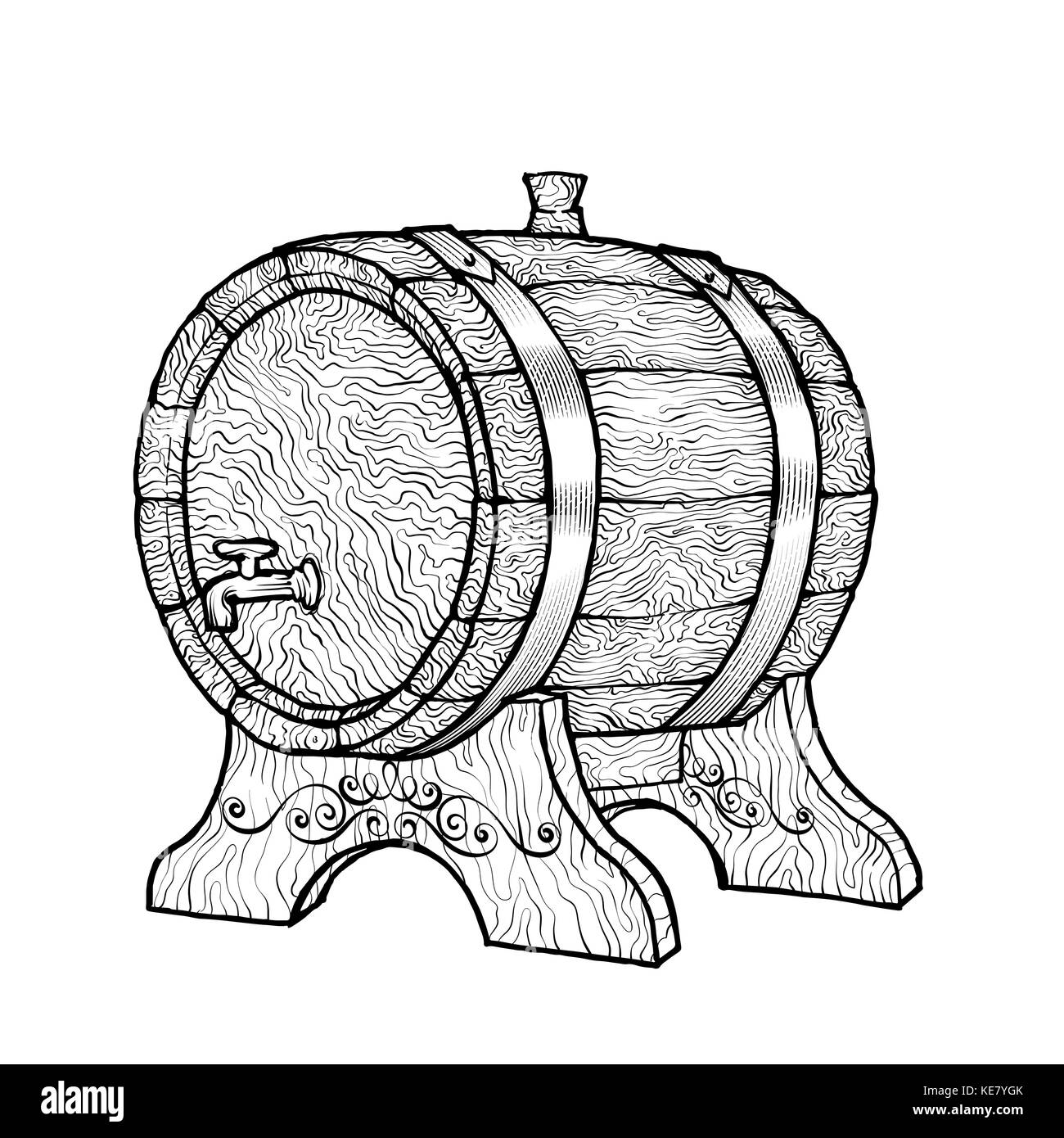 Vector Sketch Illustration of wooden wine barrel with faucet in vinatge style with stand. Hand-drawn textured kilderkin logo. Stock Vector