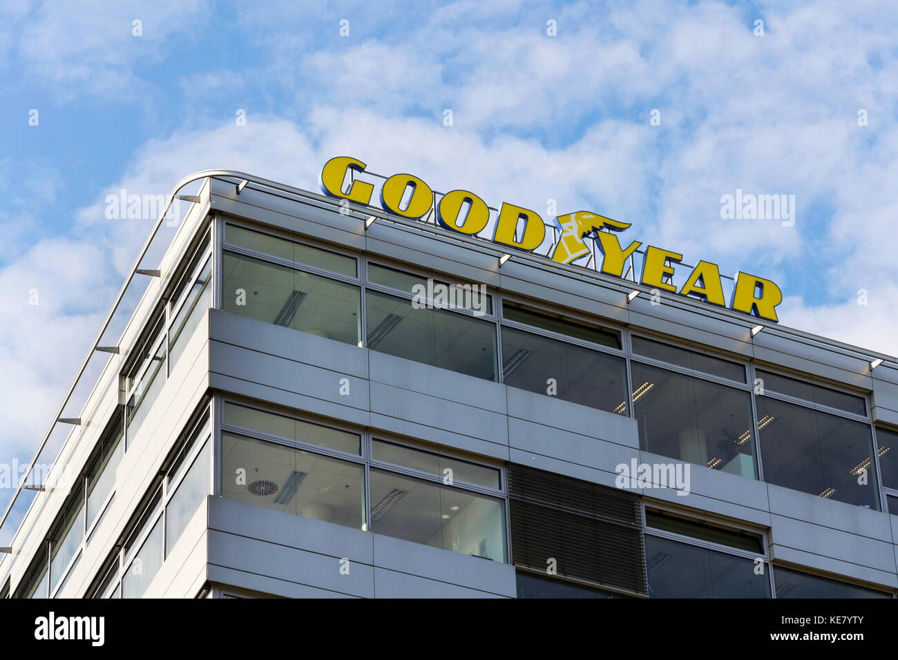 PRAGUE, CZECH REPUBLIC - OCTOBER 14: The Goodyear Tire and Rubber Company logo on headquarters  building on October 14, 2017 in Prague, Czech republic Stock Photo