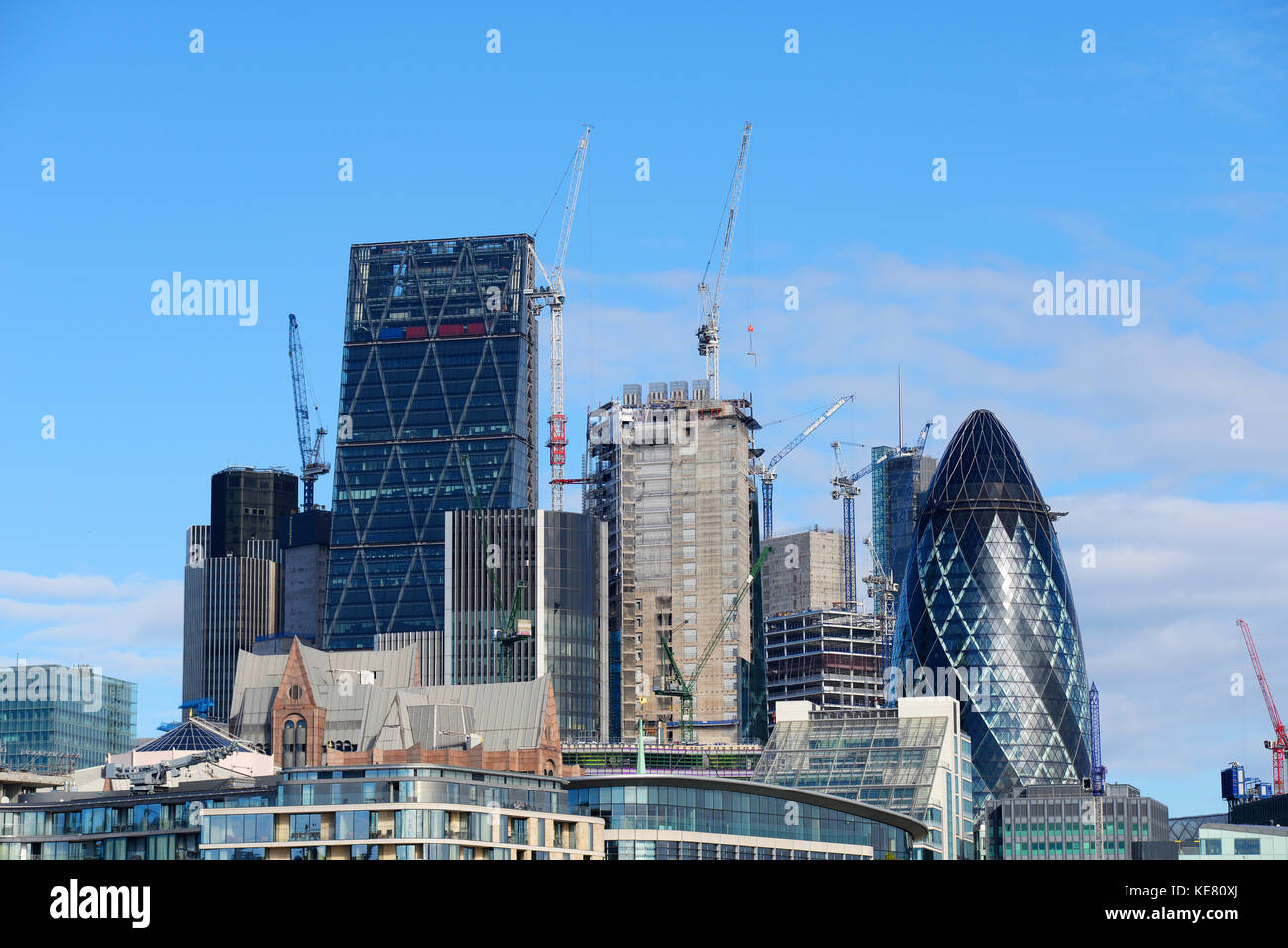 London City skyline with The Scalpel 52 Lime Street construction. Gherkin, Cheesegrater buildings Stock Photo