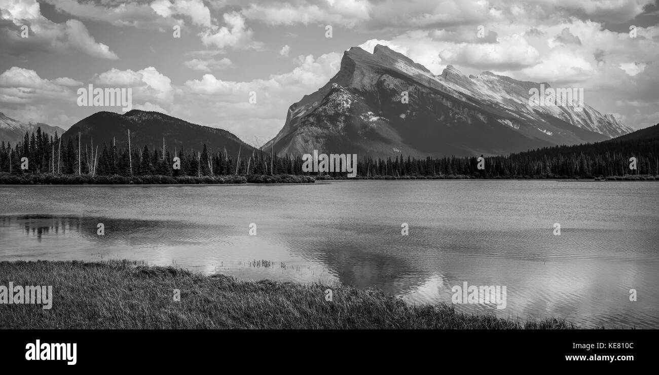 Black and white image of Vermillion Lakes, Mount Rundle and Sulphur Mountain in Banff National Park; Field, Alberta, Canada Stock Photo