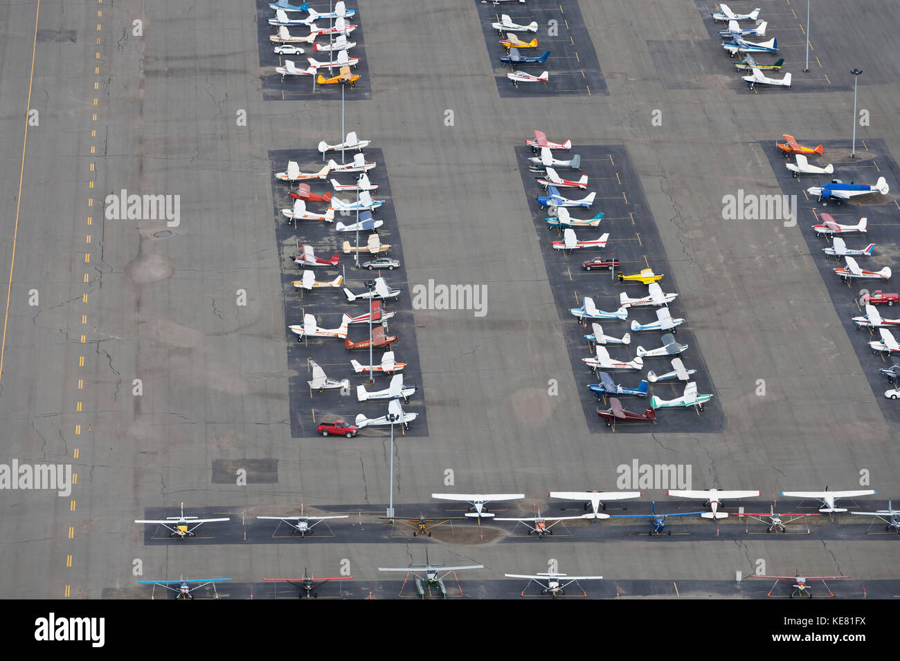 Aerial Overlooking Parked Small Planes At Merrill Field, Anchorage, Southcentral Alaska, USA Stock Photo