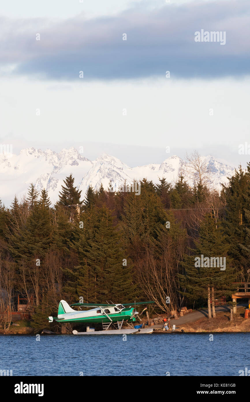 De Havilland Beaver Moored On A Lake Shore, Alaska, USA Stock Photo