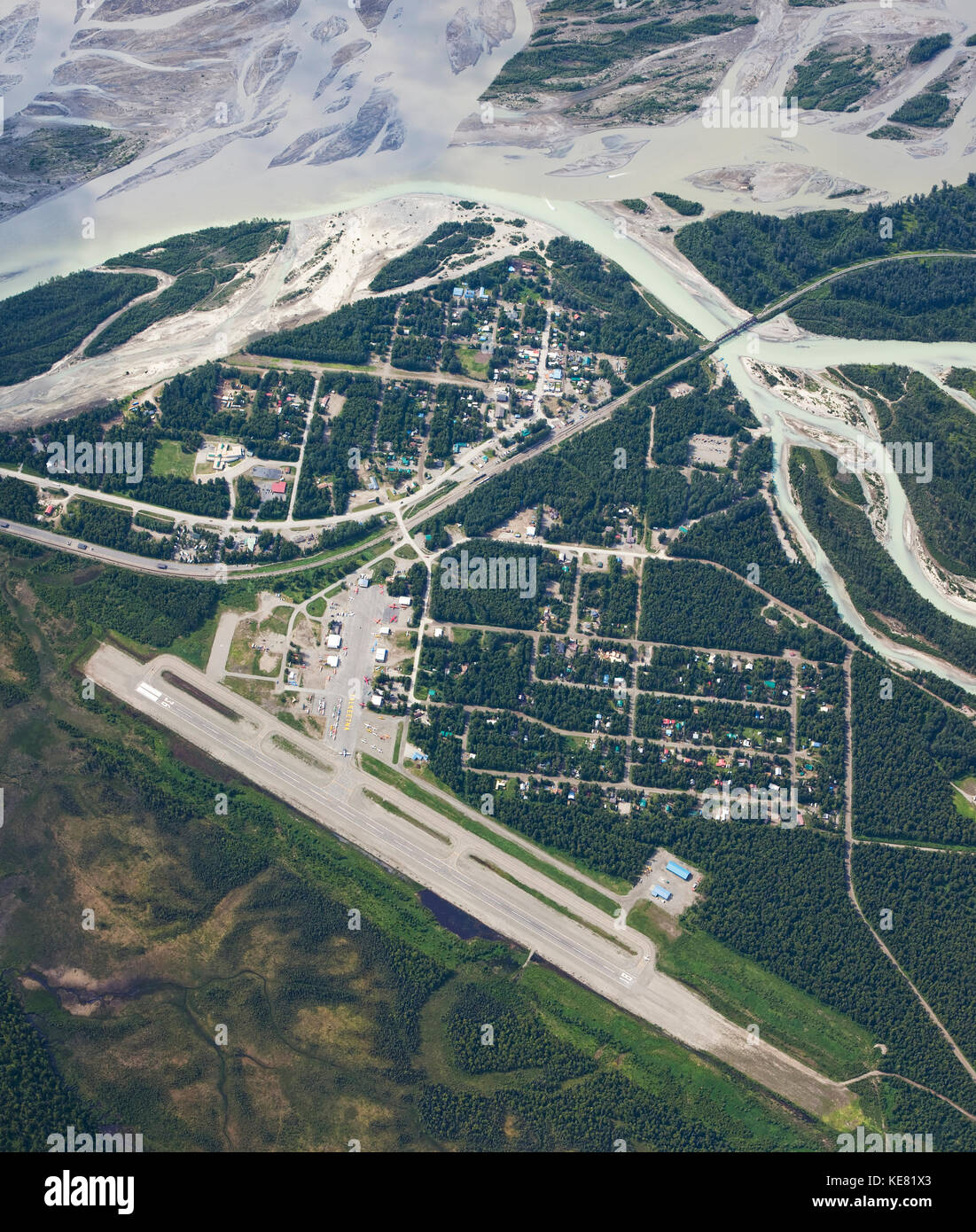 Aerial View Of Talkeetna, The Airport, Susitna And Talkeetna Rivers, Southcentral Alaska, USA Stock Photo