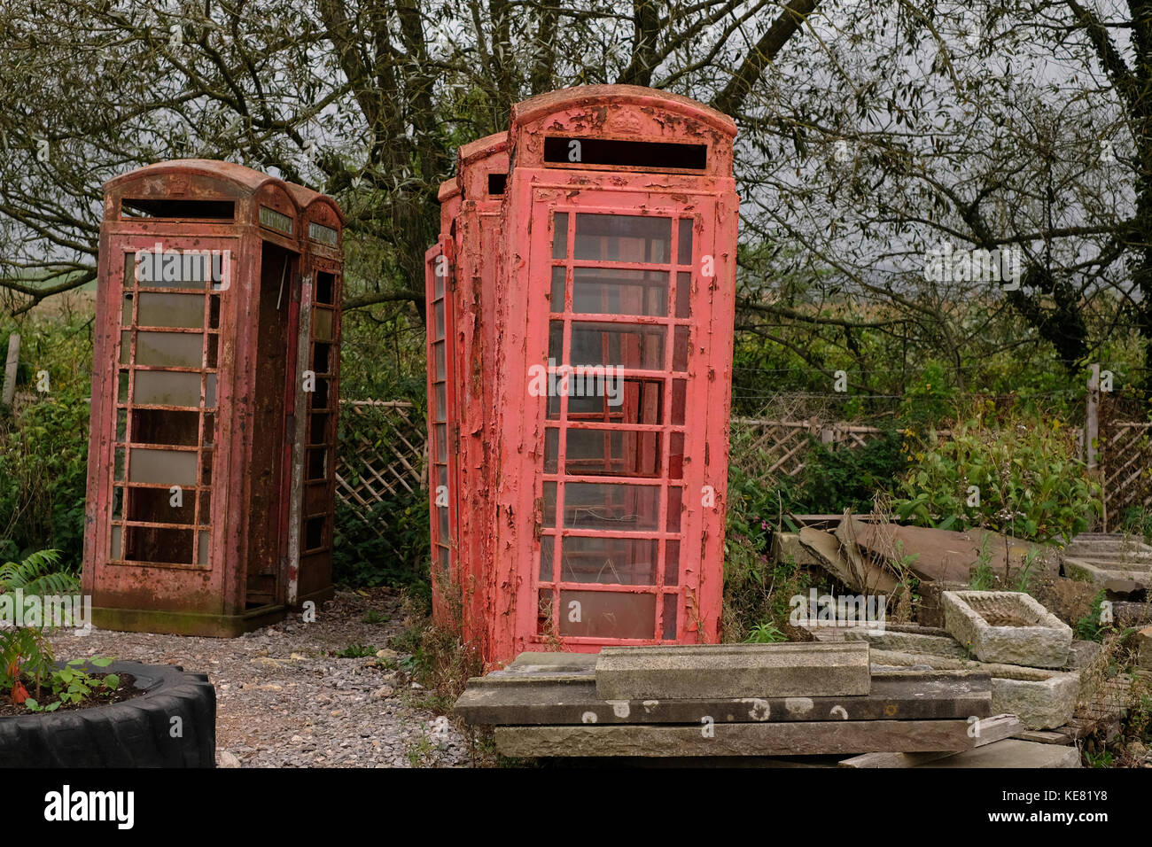 Abandoned red telephone boxes in reclamation yard Stock Photo Alamy