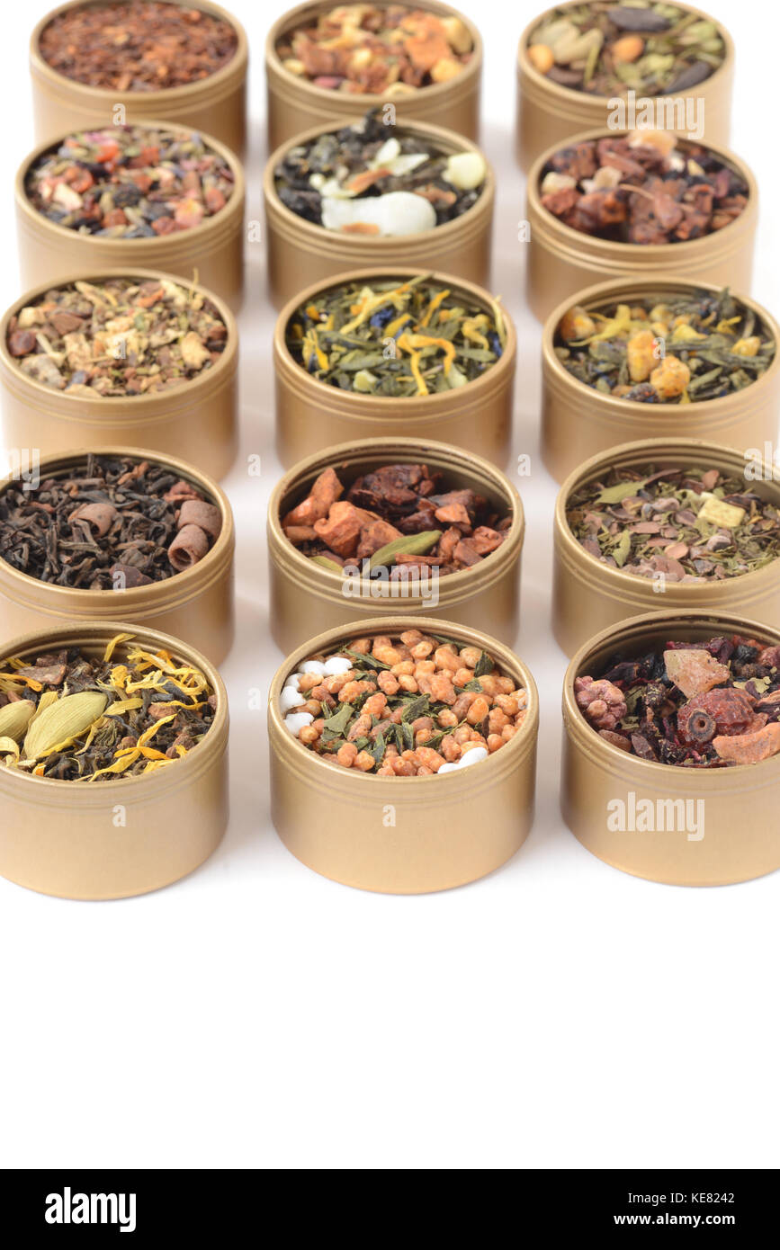 closeup rows of organic herbal tea in tins Stock Photo