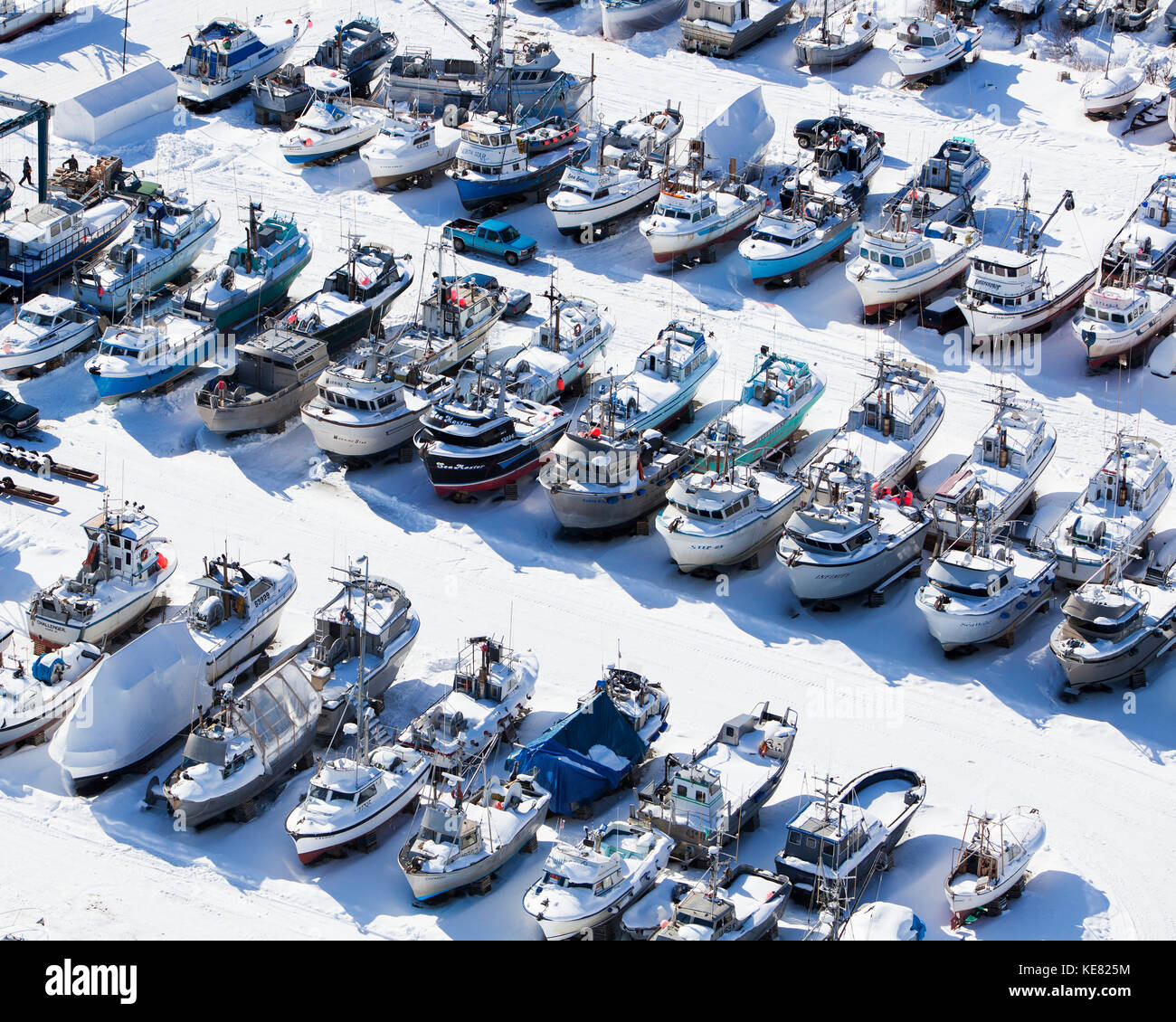 Aerial Of Northern Enterprises Boat Yard, Dry Dock In Winter, Homer, Southcentral Alaska, USA Stock Photo