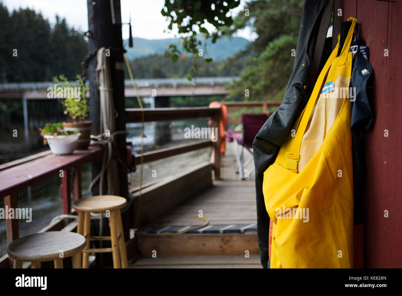 Rain Gear Hanging On The Deck In Seldovia, Alaska Stock Photo Alamy