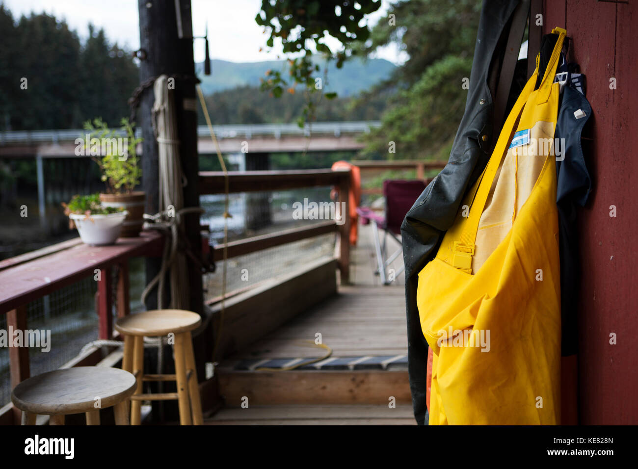 Rain Gear Hanging On The Deck In Seldovia, Alaska. Stock Photo