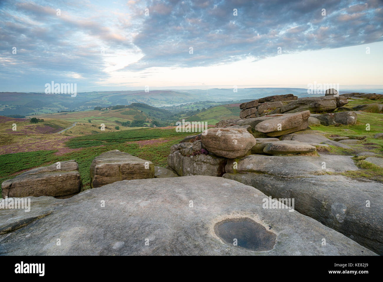 Rock formations at Higger Tor in the Derbyshire Peak District Stock Photo