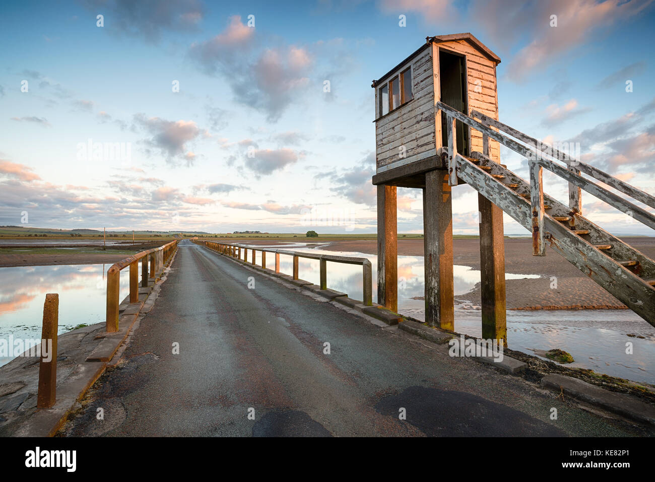 The refuge hut on the Lindisfarne causeway on the Northumberland coast Stock Photo