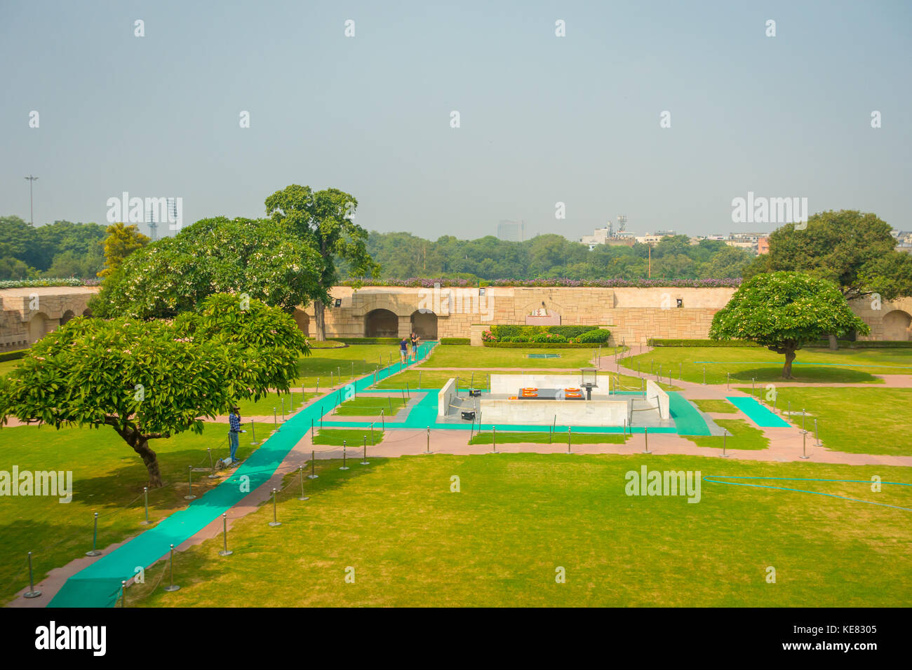 DELHI, INDIA - SEPTEMBER 25 2017: Aerial view of the park where is located the Rajghat, New Delhi as memorial at Mahatma Gandhis body cremation place, with grave in Delhi India, in a beautiful sunny day Stock Photo