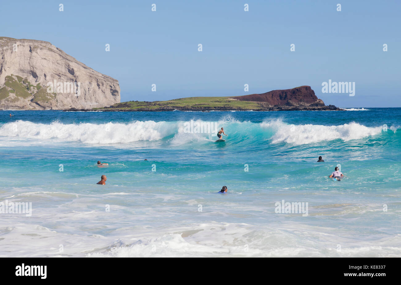 Bodyboarders catching waves at Makapu'u Beach; Waimanalo, Oahu, Hawaii, United States of America