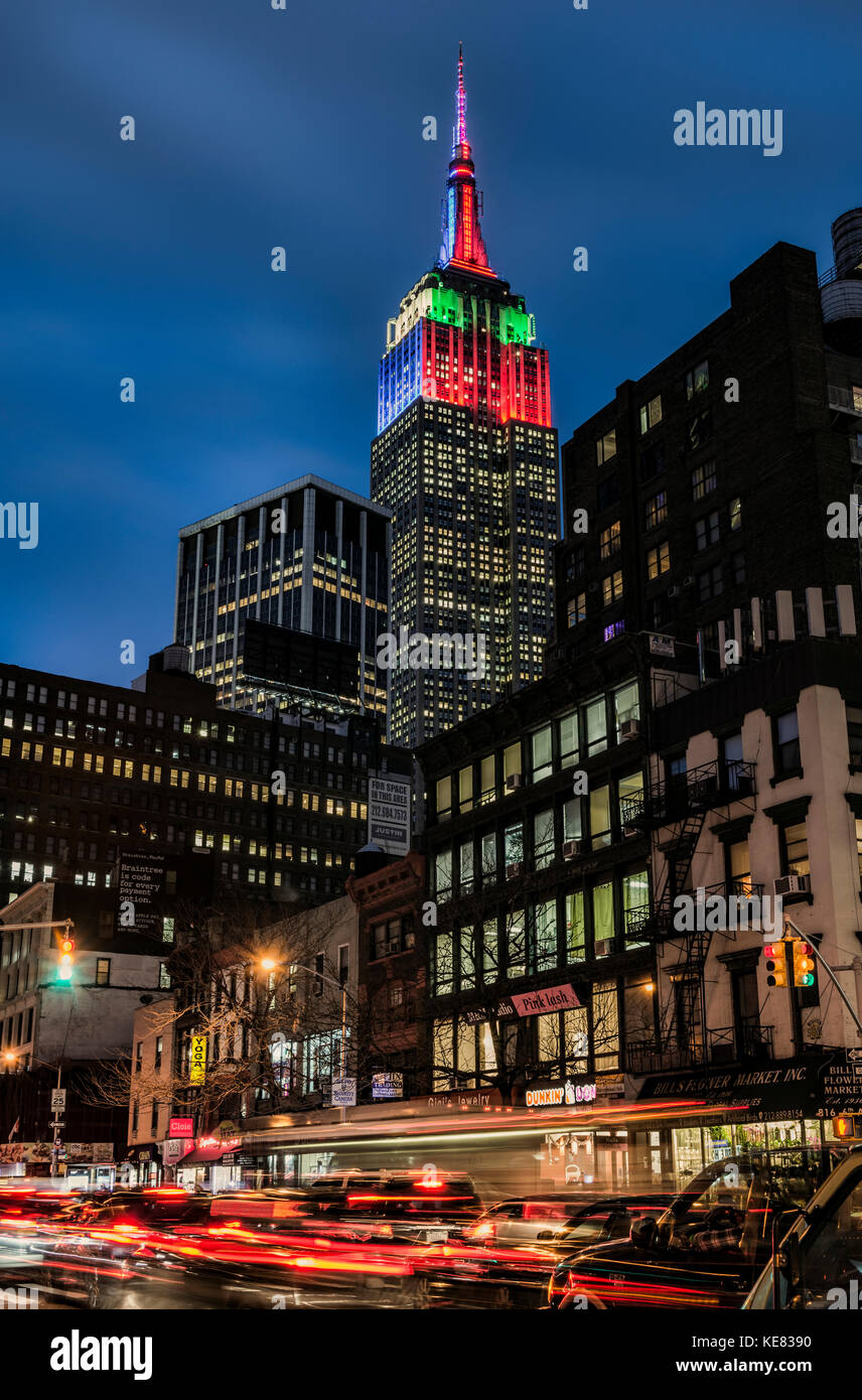 Empire State Building In Christmas And Hanukkah Colours; New York City, New York, United States Of America Stock Photo