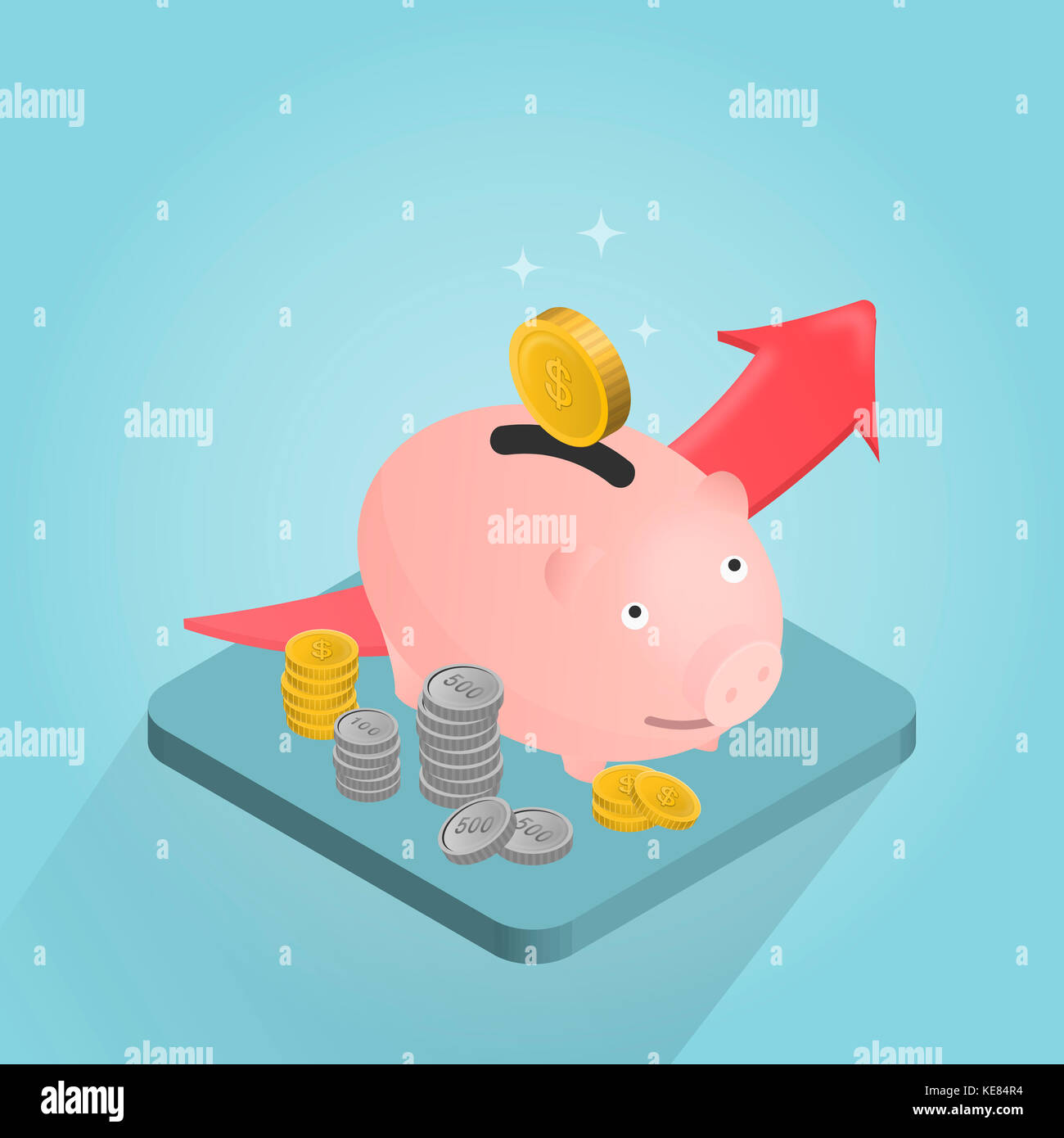 Piggy bank with stacked coins and arrow Stock Photo - Alamy