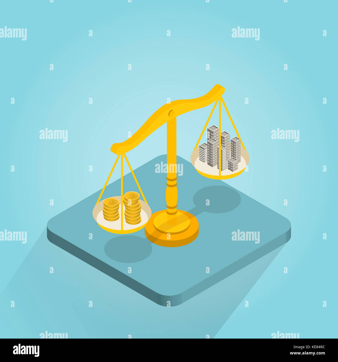 Balanced scale with stacked golden coins and buildings Stock Photo Alamy