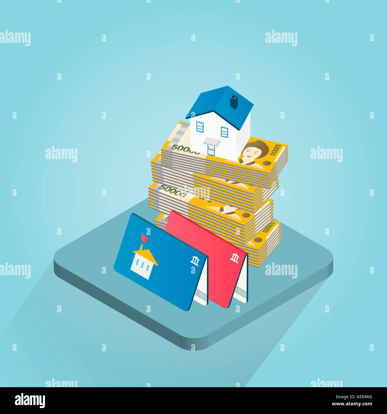 Bankbooks and house on stacked bills Stock Photo
