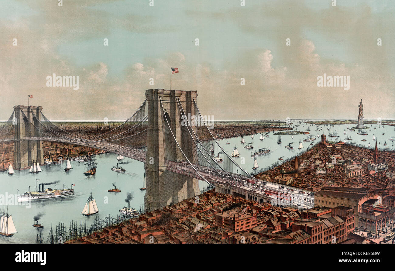Grand birds eye view of the Great East River suspension bridge Connecting the cities of New York & Brooklyn : Showing also the splendid panorama of the bay and the port of New York. Stock Photo