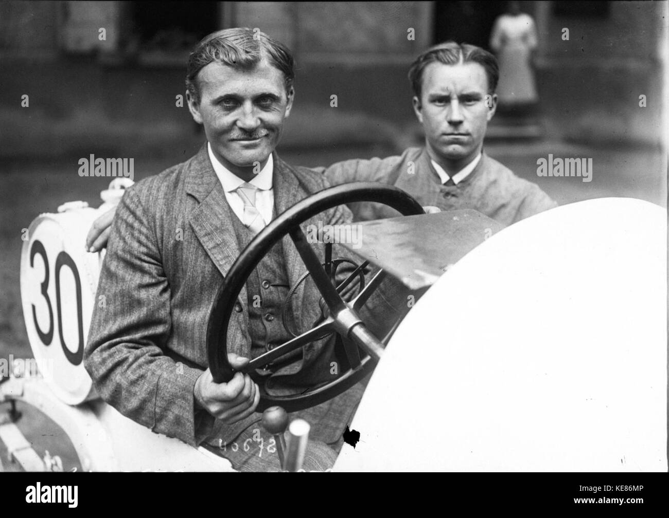 Franz Breckheimer participating in the 1914 French Grand Prix, a notable event in motorsport history. The image captures the competitive atmosphere and significance of the race. Stock Photo