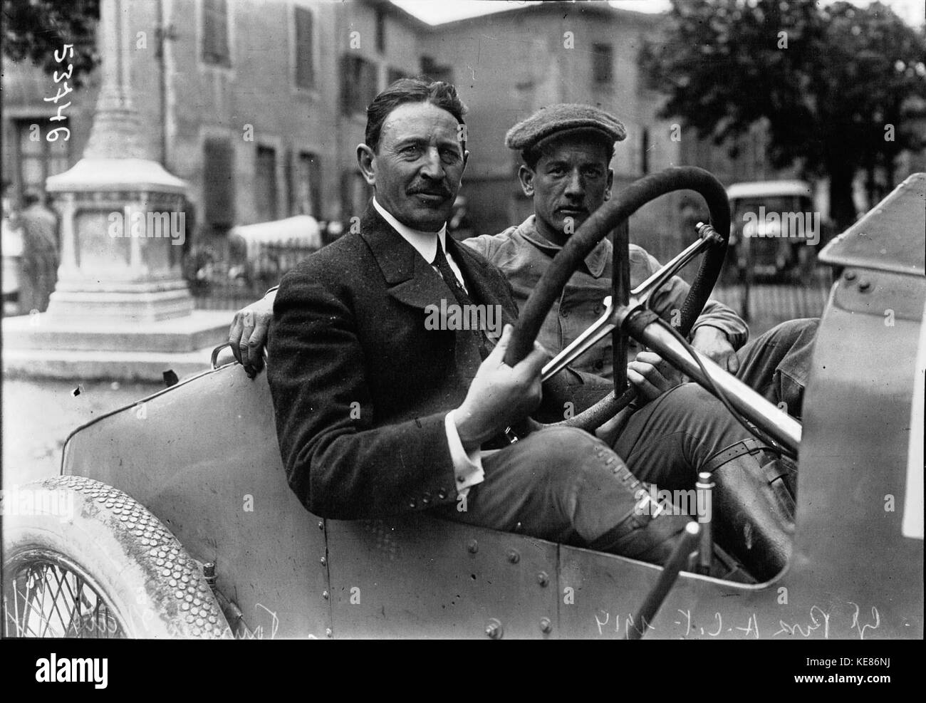 Henri Fournier participating in the 1914 French Grand Prix, a key event in early motorsport history, showcasing the era's race cars and drivers. Stock Photo