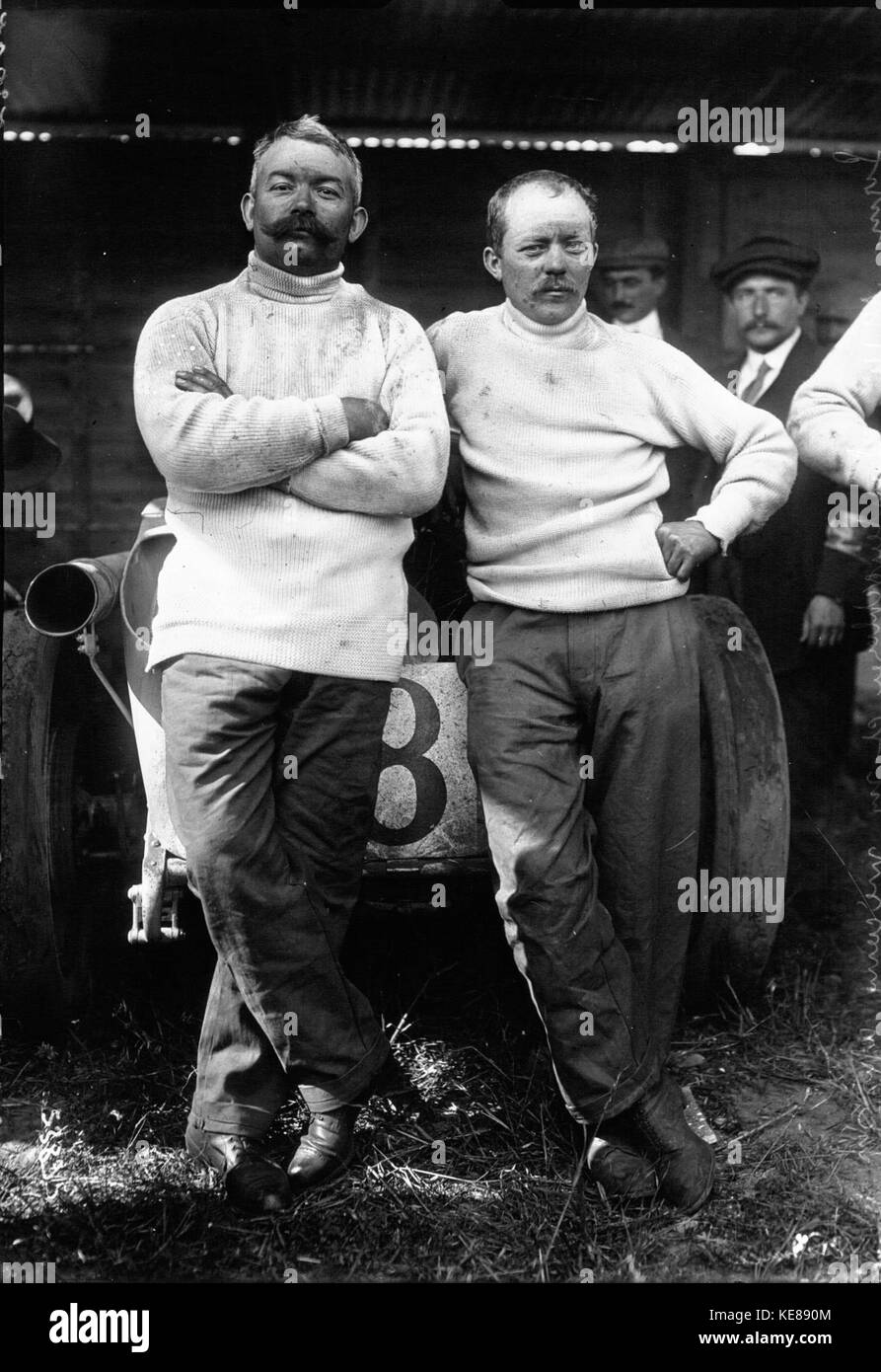Christian Lautenschlager participated in the 1914 French Grand Prix, driving a Peugeot car. This race, held at Lyon, was part of the prestigious automobile racing event during the early 20th century, showcasing the skill of Lautenschlager and the competitive nature of the Grand Prix series. Stock Photo
